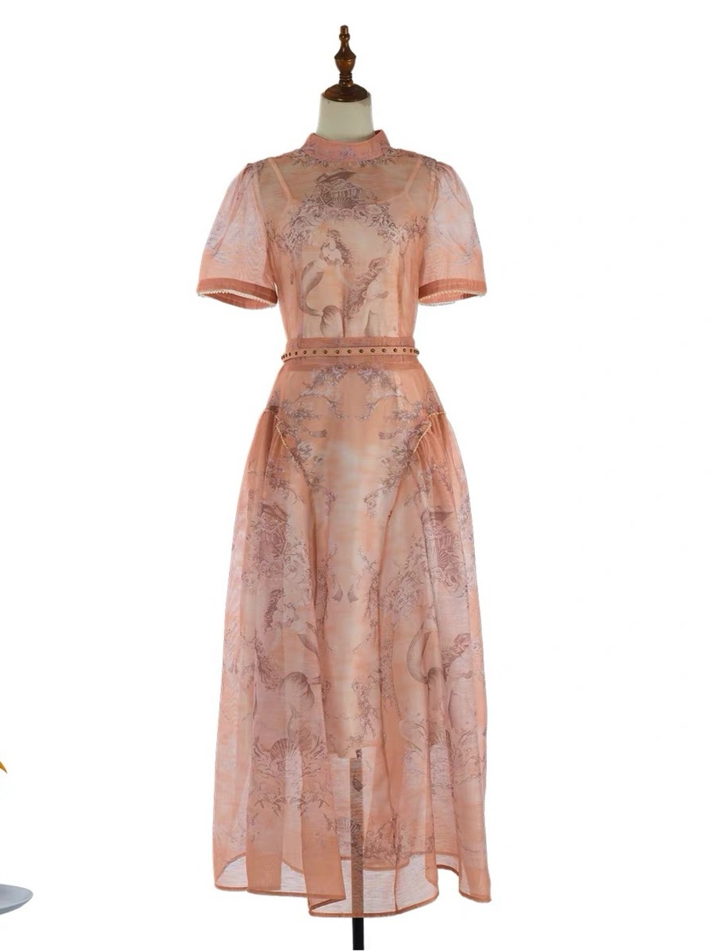 Peach Printed Sheer Midi Dress